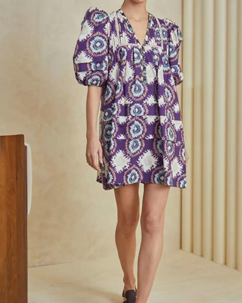 Front of a model wearing a size large Jenkins Dress in London Rain Purple in London Rain Purple by HUNTER BELL. | dia_product_style_image_id:336074